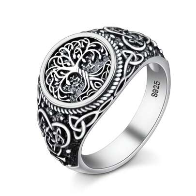 Anello con sigillo in argento sterling 925 albero della vita celtico per uomo, texture intrecciata vintage, anello dichiarazione di fede, anello con r