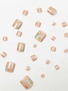 Elevate Your Style Wit 24pcs Short Square Nails Ins Style Nude Pink Toe Nails, White And Light Green Marble Blend, Gold Glitter Decoration, Sweet And Cute Nail Art, Fresh Elegant Press On Toe Nails, Fashionable And Beautiful Nail Charms, Modern Daily Pressing Full Set Of Toenails, Suitable For Women's Summer, Vacation, Beach, Party, Dance Party, Etc, Nail Supplies