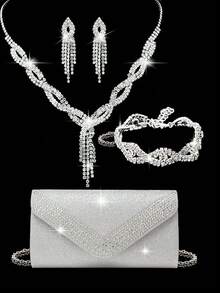 4 Teiliges Schmuckset mit Strass Halskette, Ohrringe, Armbänder für Frauen, Abendtasche, Braut, Hochzeit, silberner funkelnder Glitzer V-förmiger Kristall Strass Dekor, elegante Umschlagtasche - Silber - Übersicht 1