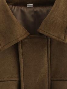 女士纯色长袖仿麂皮飞行员夹克，适合春秋季节 - 咖啡棕 - 查看 4