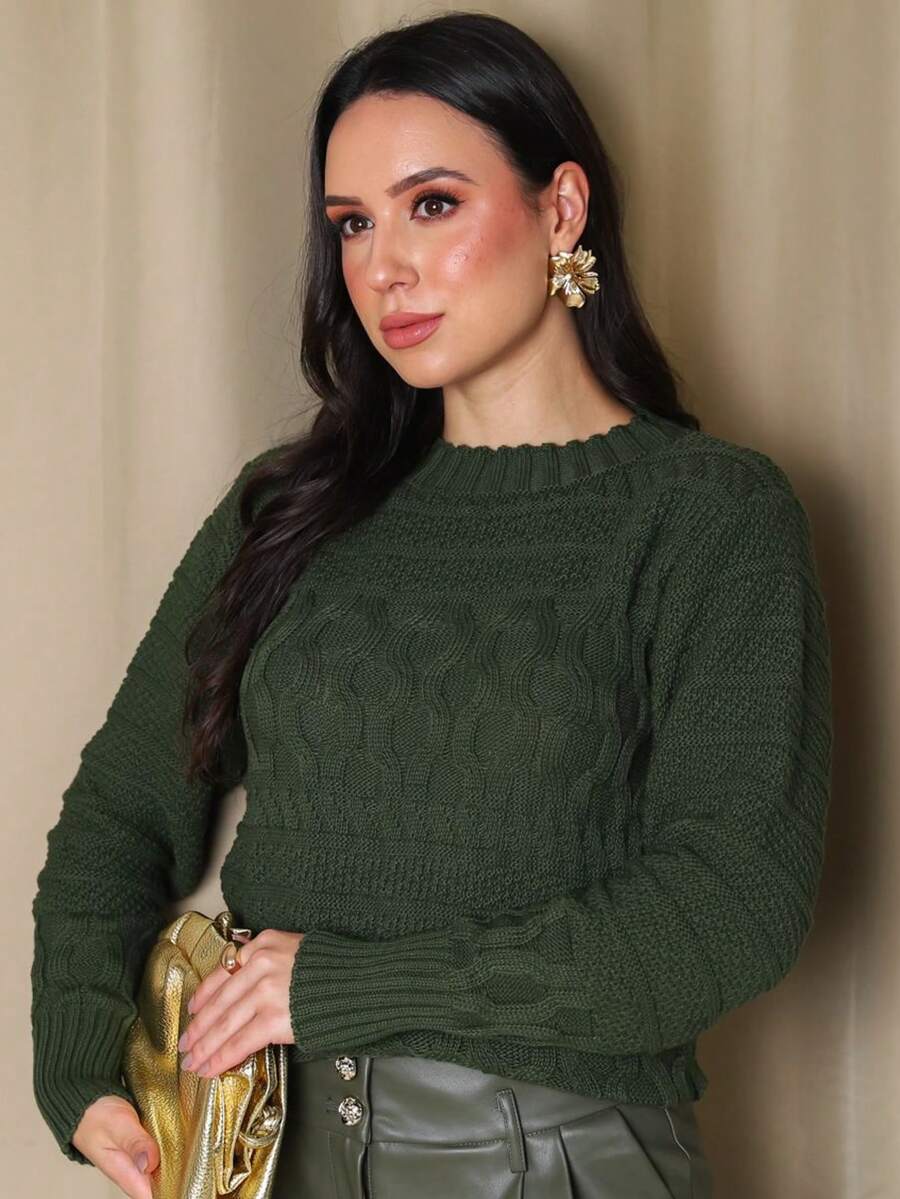 Women's Cold Weather Knit Wool Top Detailed Knit Sweater Basic Premium - xanh quân đội - Xem 1