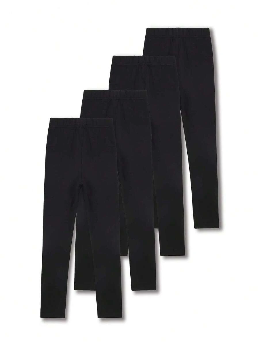 4 teiliges Set einfarbiger Lässig Sport Leggings für Kleine Mädchen, elastisch, weich und bequem für Mädchen im mittleren und großen Kindesalter, geeignet für den täglichen Gebrauch und Outdoor-Aktivitäten im Frühling, Sommer und Herbst, Yoga, Tanzen, Laufen, Radfahren - Schwarz - Übersicht 1