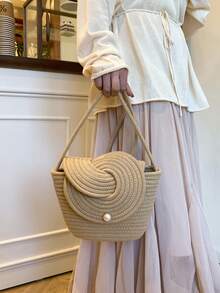 2025 New French Niche Woven Women's Handbag, Summer Beach Vacation Bag, Large Capacity Tote Vegetable Basket, Holiday - Khaki - View 3