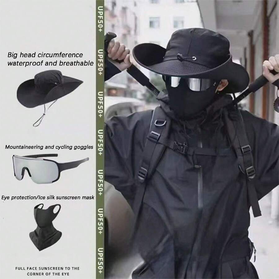 1pc Western Cowboy Hat With Wide Brim Set, Sun-Shading, Quick-Drying, Breathable Face Mask, UV Protection For Women, Suitable For Hiking, Fishing - Black - View 1