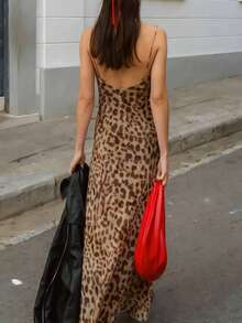 Backless Leopard Print Fitted Long Dress Party Summer Elegant - Brown - View 2