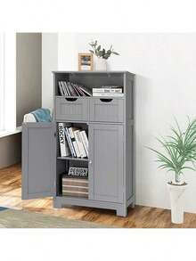 Bathroom Storage Cabinet, Bathroom Floor Cabinet With 2 Removable Drawers, 2 Doors & Adjustable Shelf, Bathroom Cabinets Freestanding For Living Room, Kitchen & Entryway (Gray) Home Bathroom Decor Bathroom Organizer Summer Back To School - Grey - View 2