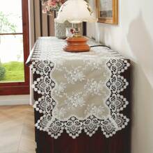 European Style Floral Lace Embroidered Polyester Table Runner - Woven Double Layer Shiny Satin Fabric, Festive Coffee Table Decor For Kitchen Dining, Indoor Outdoor Dinner Party Decoration, Ideal Gift