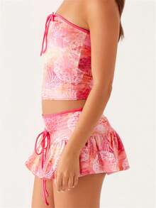 Womens Two Piece Summer Outfits Strapless Tie-Up Front Tube Tops And Mini Skirt Set Clubwear - Pink - View 4