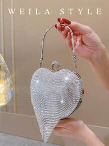 Rhinestone Embellished Heart Shaped Luxury Tassel Evening Clutch Bag, Diamond Wedding Party Handbag, Silver Envelope Purse, High-End Fashion Elegant Evening Dress Bag Crossbody Bag