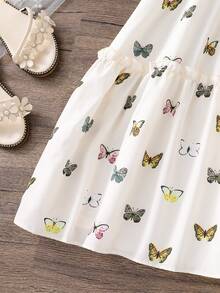 女童蝴蝶印花方领针织连衣裙，荷叶边装饰，甜美优雅的设计，适合夏季 - 黃色 - 查看 3