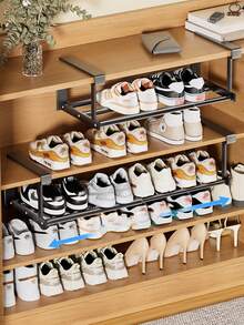 1pc Black Shoe Rack With Expandable Hanging Bars And Tiered Shelves, Vertical Space Saving Shoe Organizer Rack - Multicolor - View 2