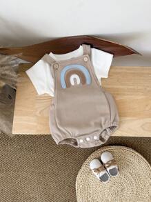 2pcs/Set Cute Rainbow Embroidered Short Sleeve T-Shirt + Bib Overall Romper Summer Outfit For Baby Boys