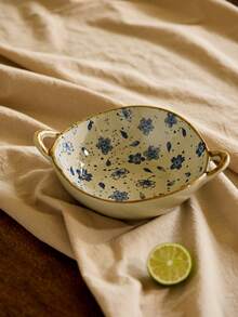Cirelle 1pc Flower Print Bowl, Baby Blue Double Ear Porcelain Noodles Bowl For Household, Kitchen, Christmas Gift, Rama Kitchen Essentials, Kitchen Use, High-End Restaurants Supplies, Housewarming Gift, Party Use, Family Dining, Afternoon Tea Use - Baby Blue - View 2