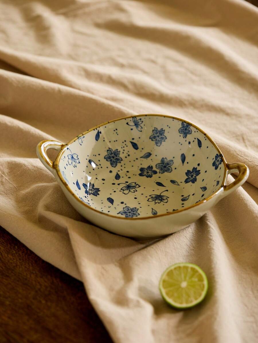 Cirelle 1pc Flower Print Bowl, Baby Blue Double Ear Porcelain Noodles Bowl For Household, Kitchen, Christmas Gift, Rama Kitchen Essentials, Kitchen Use, High-End Restaurants Supplies, Housewarming Gift, Party Use, Family Dining, Afternoon Tea Use