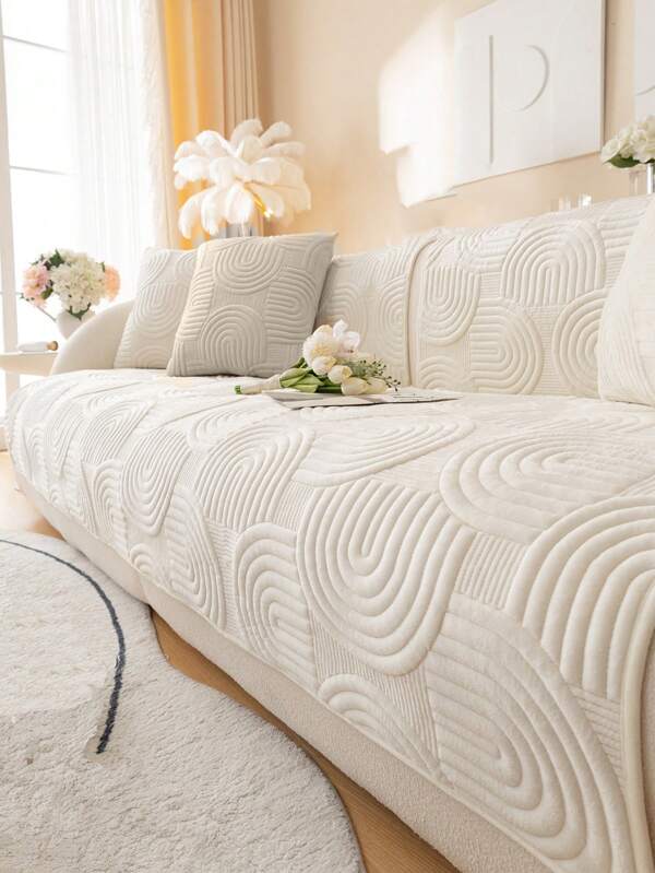 1 pièce Housse de canapé en sherpa de couleur unie, style minimaliste simple avec motif floral étoilé, antidérapante et anti-rayures pour protéger le canapé, décoration de maison convenant à toutes les saisons