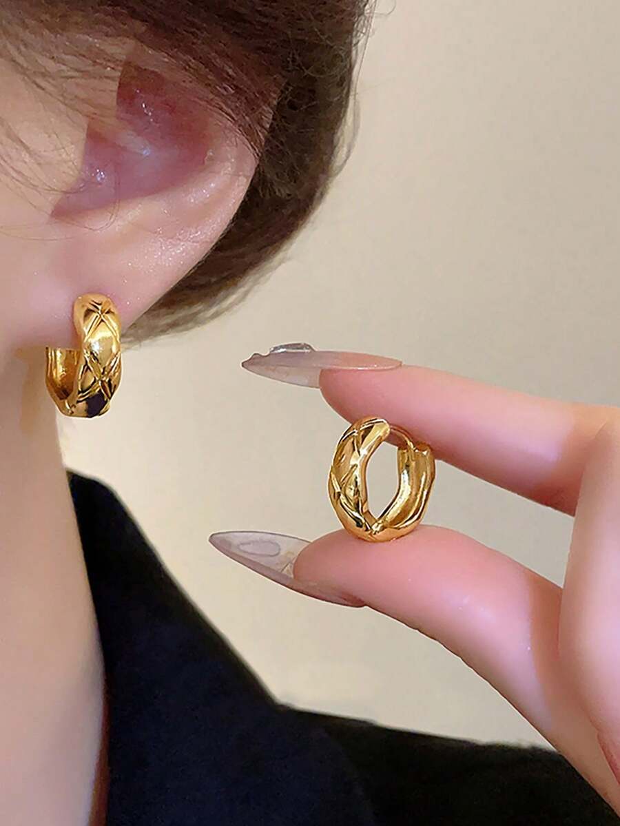 Winglove 1 件简约环形耳环女士珠宝 S925/925 纯银情人节休闲精致女士珠宝礼物 - 菱形格子耳扣 - 查看 1