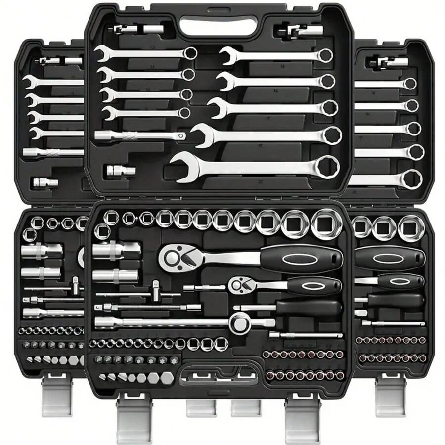 Kit de herramientas de 46 piezas, llave de carraca, juego de brocas de destornillador de zócalo métrico, adecuado para reparaciones de automóviles, motocicletas, bicicletas y hogar, en estuche de plástico