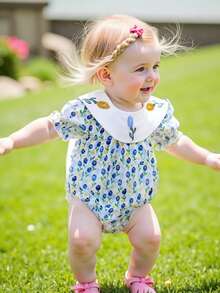 Baby Girls Rompers Tulip Embroidery Round Neck Short Sleeve Infant Bodysuits Jumpsuits - Blue - View 2