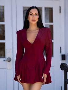 Carolina Barros 1 件女士纯白色性感深 V 领翻领纽扣前长袖优雅褶皱连衣裙，夏季，商务休闲女士 - 酒紅色 - 查看 1