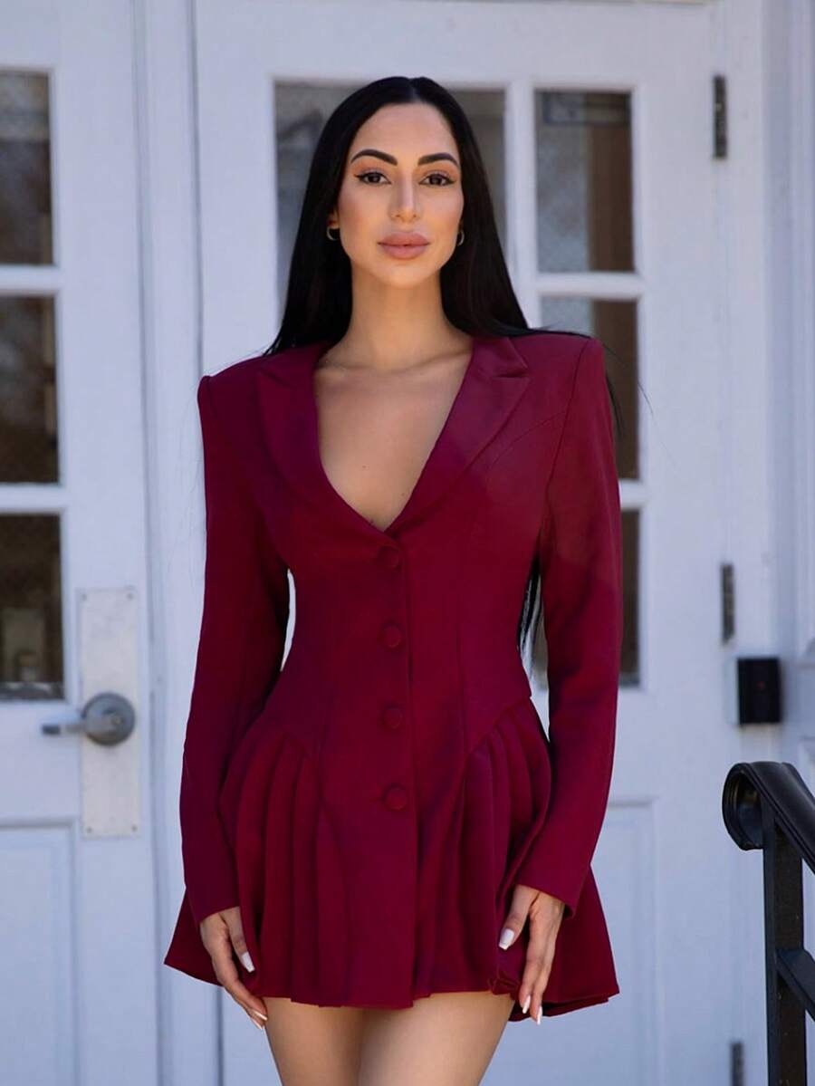 Carolina Barros 1 件女士纯白色性感深 V 领翻领纽扣前长袖优雅褶皱连衣裙，夏季，商务休闲女士 - 酒紅色 - 查看 1