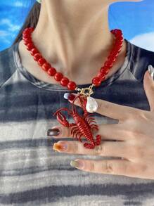 Retro Versatile Crustacean Beaded Handmade Necklace, Vintage Alloy Boho Seafood Jewelry, Fashion Unique Resort Style