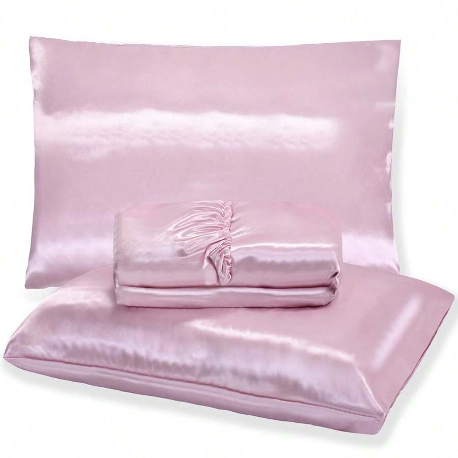 Satin Double Sheet Set 3 Pieces Satin High Gloss - Màu Hồng baby - Xem 1