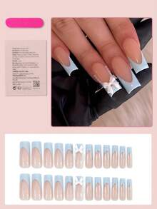 Bộ 24 miếng dán móng tay hình chữ nhật, màu xanh nhạt kiểu Pháp, cỡ XXL/XXL, thiết kế hình chữ nhật với nơ 3D và trang trí ngọc trai, thời trang và độc đáo, phù hợp cho móng tay của phụ nữ và bé gái vào mùa hè, sử dụng hàng ngày, dụng cụ làm móng nghệ thuật. - Màu xanh nhạt - Xem 2