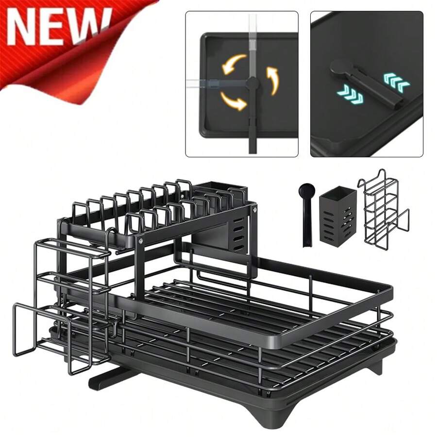 Double-Layer Dish Drying Rack - 1pc Kitchen Sink Dish Drainer With Detachable Bowl Rack, Multifunctional Storage And Drainage, Sink Countertop Cup Holder (Black)