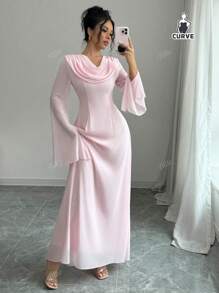 QIANZHIDU فستان سيدات بلس سايز من نوع تيللي، بلون واحد ذات ياقة متدلية وأكمام جرسية، فستان أنيق، فستان حفلة سيدات، فستان سهرة فاخر للنساء