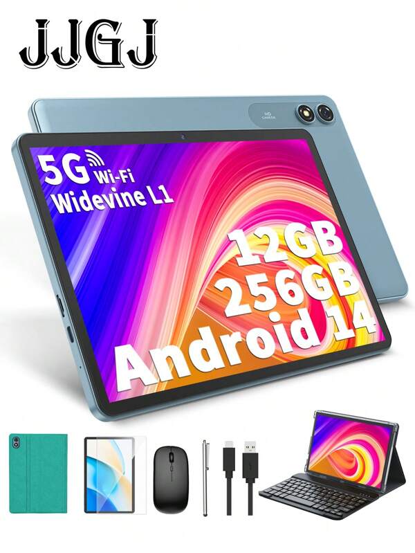 JJGJ Tablet Android 14 con tastiera, tablet da 10 pollici con 12 GB + 256 GB, espandibile fino a 1 TB, 8 core, 8000 mAh, WiFi 5G, Widevine L1, GMS, riconoscimento facciale, tablet 2 in 1 con tastiera, mouse, stilo - verde