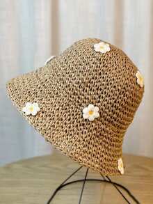 1 件装女孩夏季沙滩遮阳帽，草编宽边度假遮阳帽 - 卡其色 - 查看 8