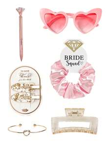 6-Piece Bridesmaid Proposal Gift Set: Champagne Satin Soft Scrunchies, Bride-To-Be Hair Clips, Heart-Shaped Sunglasses, Diamond Pen, Square Hair Claw Clips, Fashion Gift For Girls, Wedding Party