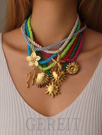 1 st 18K rostfritt stål blomma, hjärta och sol hänge på vävt rep halsband, lämplig för mors dag present