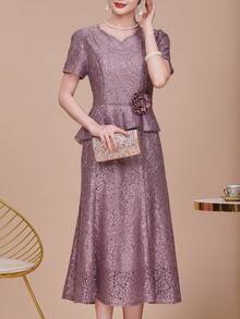 Summer Women's Elegant Casual Short Sleeve Dress, New Luxury Lace Mermaid Evening Gown With 3D Floral Details, Embellished With Beads And Rhinestones, Zipper Back Closure, Perfect For Wedding/Guest/Event/Engagement/Ceremony/Birthday/Social/Formal/Prom/Everyday/Vacation/Graduation Occasion - Purple - View 5
