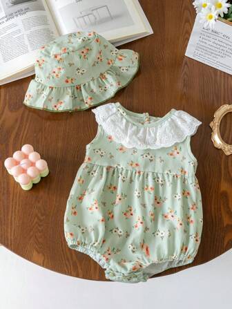 2pcs Newborn Baby Girl Cute&Stylish Sleeveless Bodysuit And Hat Set, Summer