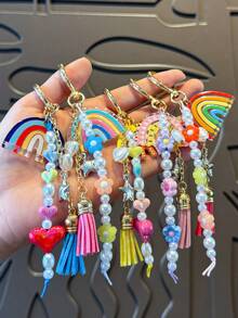 1pc Rainbow Heart & Flower Beaded Tassel Keychain Bag Charm, Girls Holiday Gift (Bead Color Random) - Multicolor - View 1