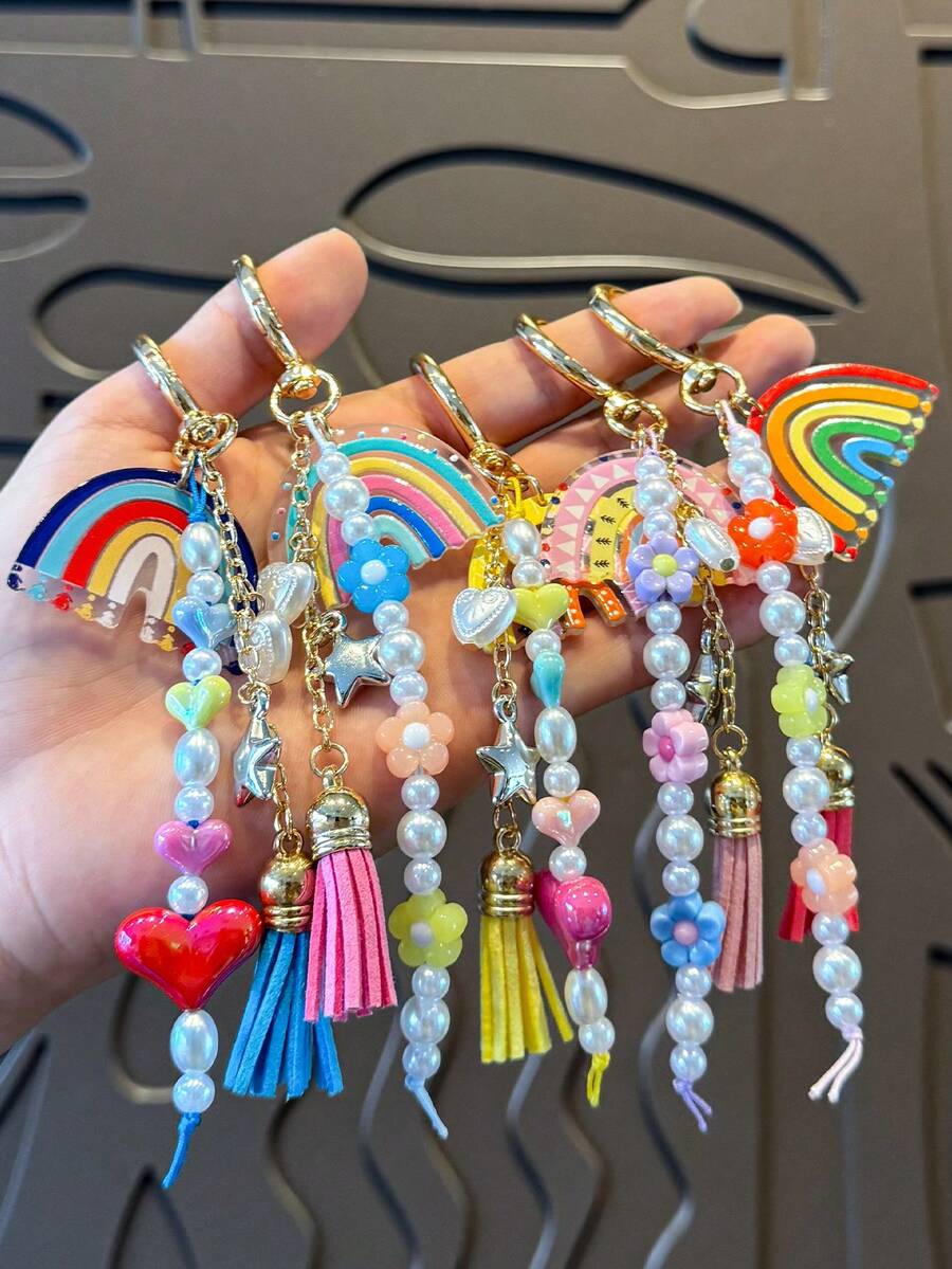 1pc Rainbow Heart & Flower Beaded Tassel Keychain Bag Charm, Girls Holiday Gift (Bead Color Random) - Multicolor - View 1