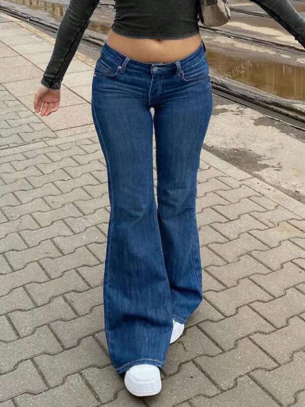 MYOURSA Jeans de pierna acampanada y elásticos de talle bajo estilo Y2K, azul oscuro