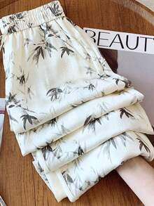 Damen Orientalischer Stil Tusche-Gemälde Bambus-Blatt Muster Seidige Slim-Fit Hose