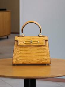 Bolso de moda para mujer de alta gama 2025, bolso de hombro/cruzado de lujo minimalista cuadrado, versátil para la oficina, de patrón de piel de cocodrilo amarillo retro y platino