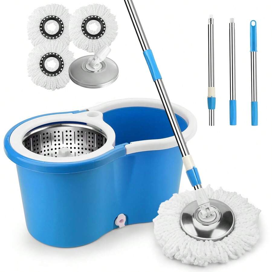 Spin Mop Bucket 360° With Wringer Set, Mop And Bucket Set, Stainless Steel Mop System, 3 Absorbent Microfiber Mop Head Eefills, For Household Kitchen Floor Cleaning - Blue - View 1