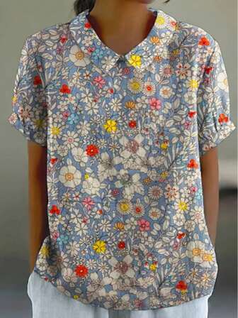 女式涤纶花卉印花纽扣前开衩下摆衬衫，带满幅花卉图案，全球通用