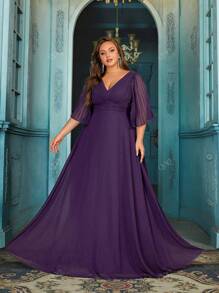 QOQ Elegant Girls Plus Size Bridesmaid Dresses Spring Summer Formal Dress For Wedding Guest, Bridesmaid, Weddings, Dinner, Engagement Party Solid Color Chiffon V-Neck Flounce Sleeve Gown