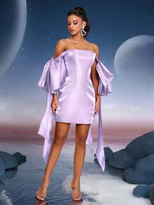 Vestido de baile de cintura alta da Anymoon Fashion, vestido para convidada de casamento feminino, adequado para ocasiões formais, formaturas, bailes de formatura, festas e eventos de casamento, vestido de festa - Roxa - Ver 6