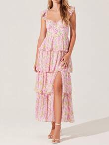 Women Summer Fly Sleeve Floral Tiered Ruffle Long Dress High Split Layered Maxi Dress For Women Beach Sundress - Hồng - Xem 1