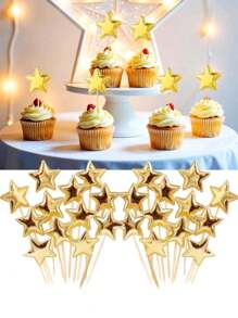50 piezas de decoraciones para cupcakes en forma de estrella de 5 puntas de PU dorado, decoraciones para pasteles, decoraciones para fiestas lindas para bodas, cumpleaños, postres, frutas y comida DIY