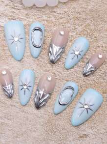 10 pezzi di unghie finte in stile Y2K per la primavera e l'estate, kit di unghie acriliche adesive con disegni a linee 3D, onde marine e decorazioni in strass cromati, unghie blu fatte a mano a mandorla, cute, punk e lucide, set di accessori per unghie per ragazze, donne e mamme per feste