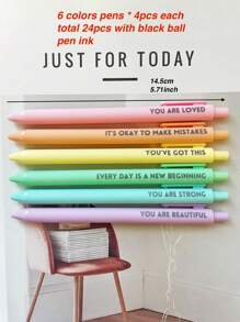 24pcs Pastel Motivational Inspirational Encouraging Pen Set - Retractable Happy Positive Pens, Black Ink, Easy Clip, Rubber Finished Ball Pens - Colorful & Cute Pens For Journaling, Writing Supplies Back To School