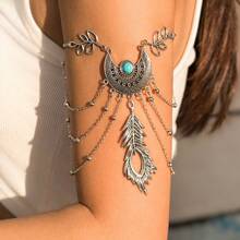 1 pieza Brazalete de cadena de metal estilo europeo bohemio, pulsera abierta vintage punk con pluma, borla y hoja atrapasueños