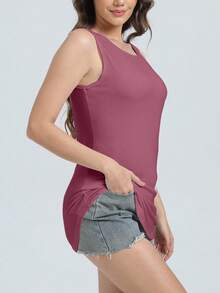 Speed mate Women's Loose Fit Round Neck Sleeveless Tunic Top, Casual Sports Style, Spring/Summer - Watermelon Pink - View 6
